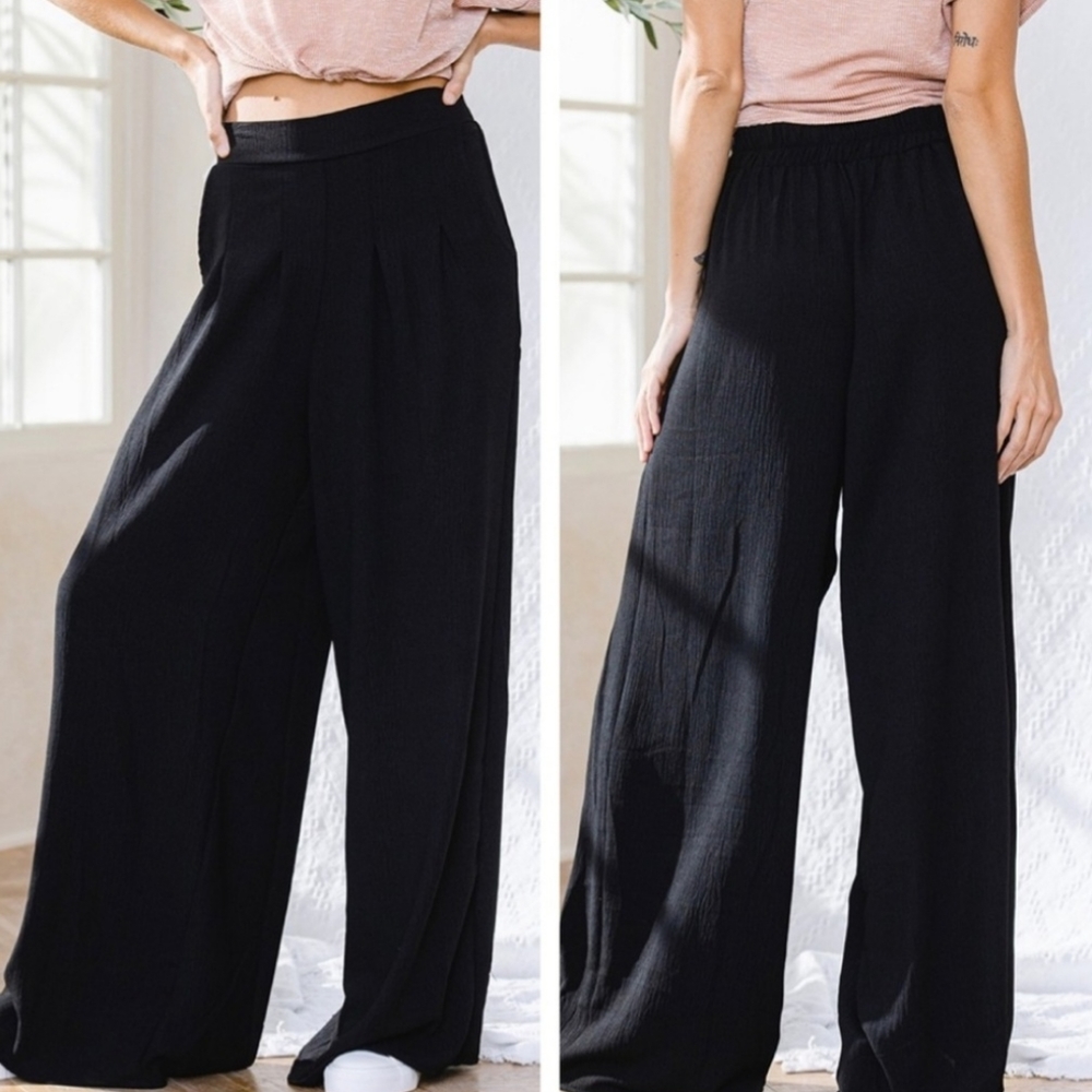 BRAND NEW! Fabulous Black Boho Wide Leg Solid Pleated Pants - Picture 10 of 11